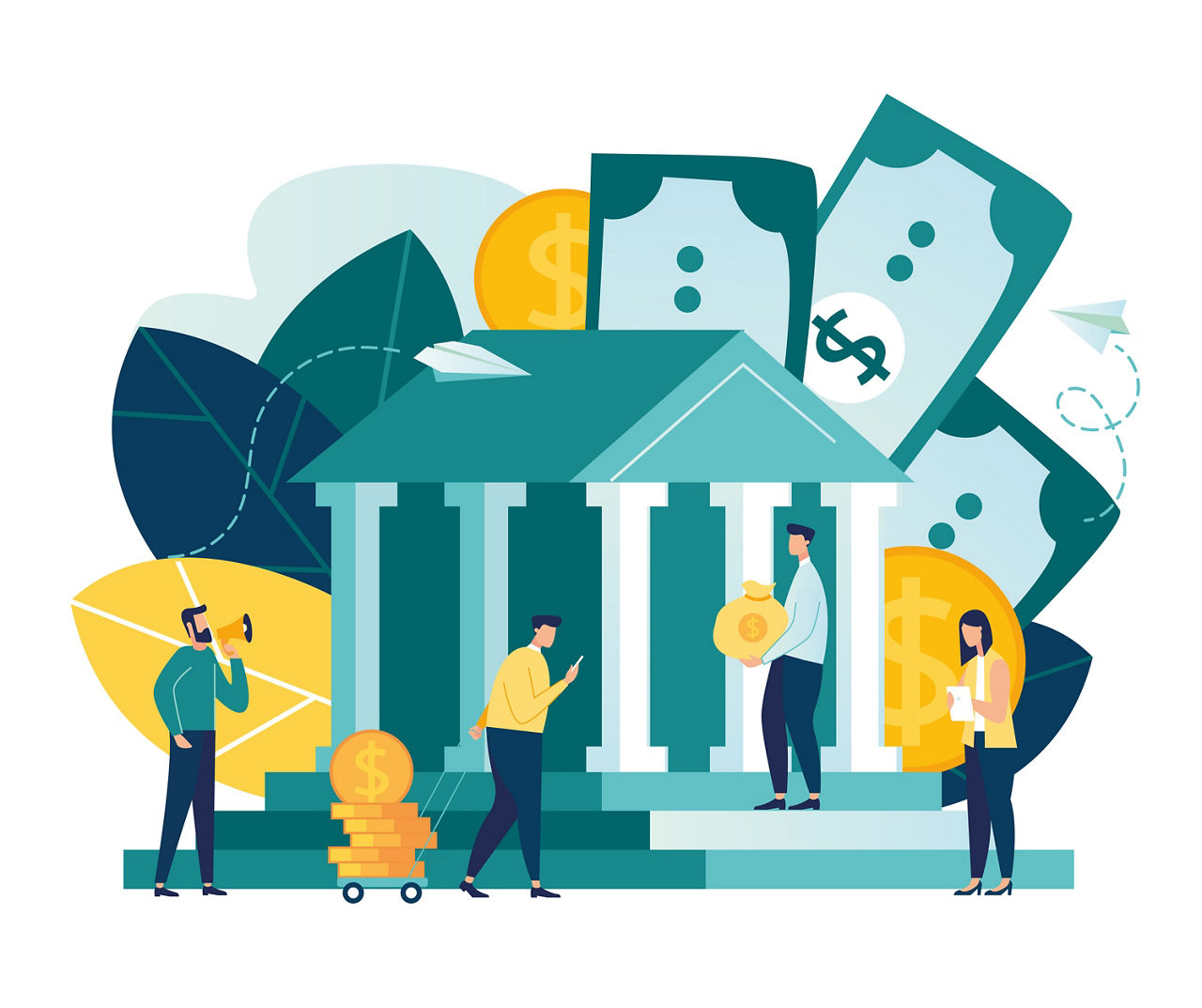 Vector flat illustration, bank building on a white background, bank financing, money exchange, financial services, ATM, giving out money vector